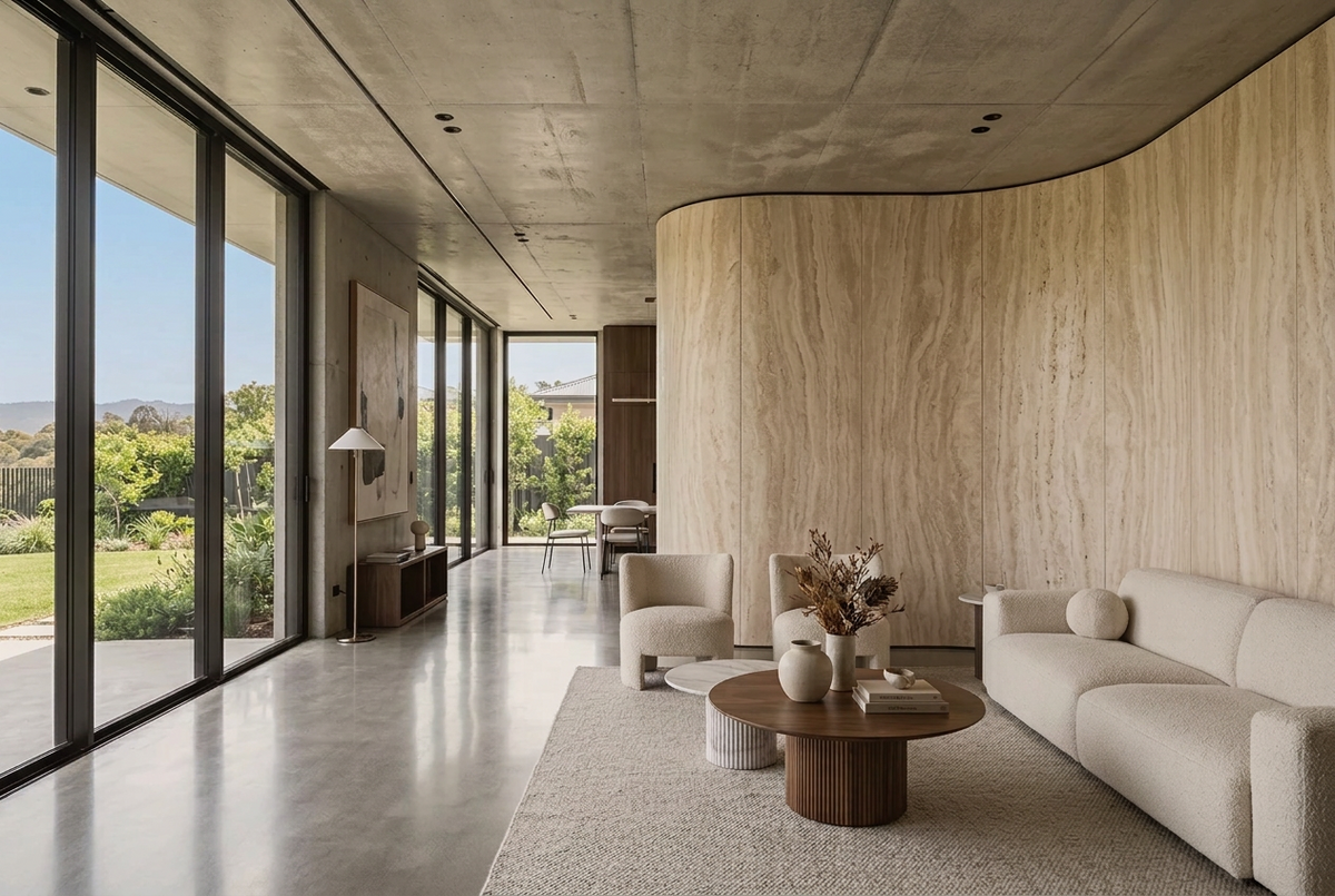 A modern living room interior with a curved light 3D PR Ancient wood board wall, 3d cement flexible natural stone ceiling, large floor-to-ceiling windows, a cream sofa, matching armchair, round coffee table with 3d dolomitic marble flexible stone pillar, and rug. No people or animals are present.