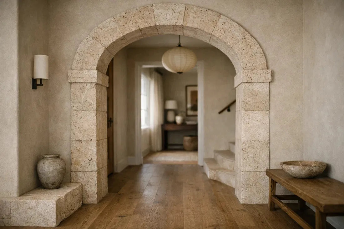 Historic-style stone archway entryway finished in authentic thin-profile architectural stone, showing warm travertine texture