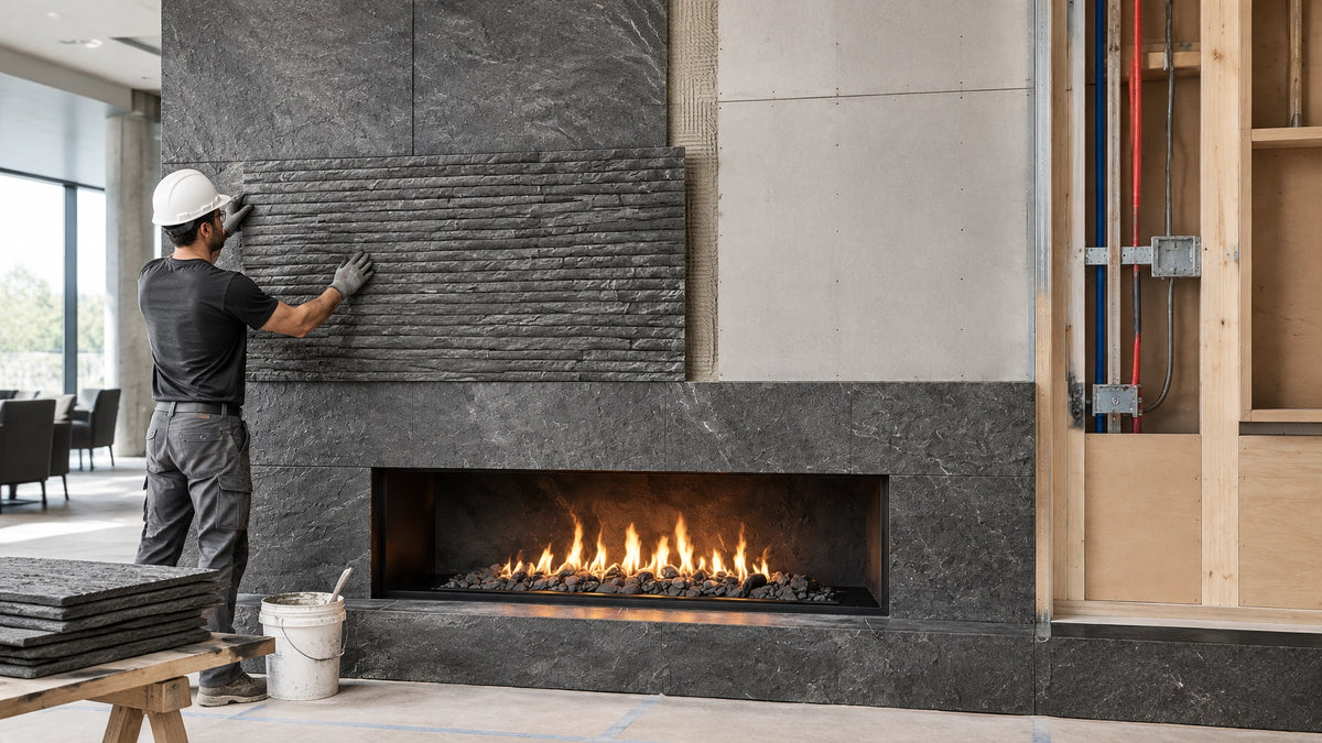 Commercial hospitality interior with a lightweight stone finish applied to a coordinated feature wall assembly
