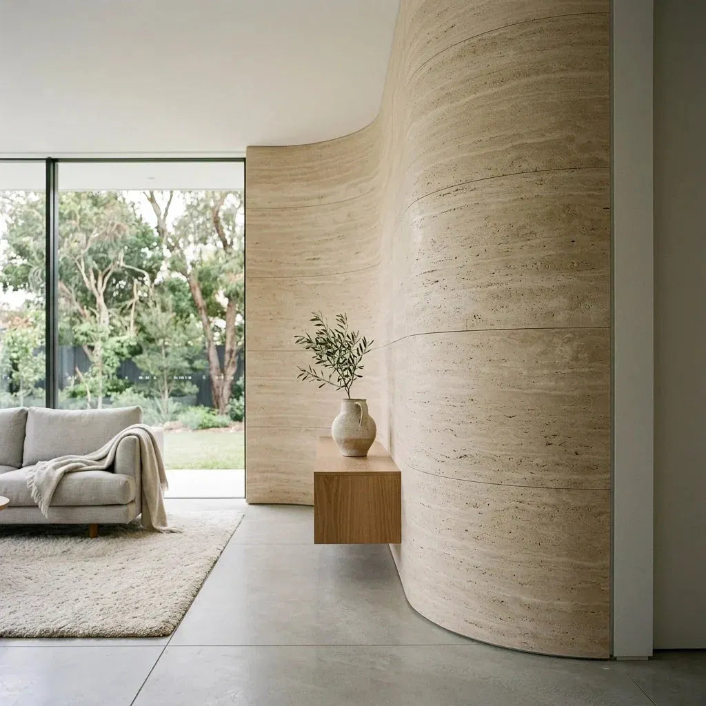 Flexible Natural Stone panel following a broad architectural curve across a floor-to-wall transition