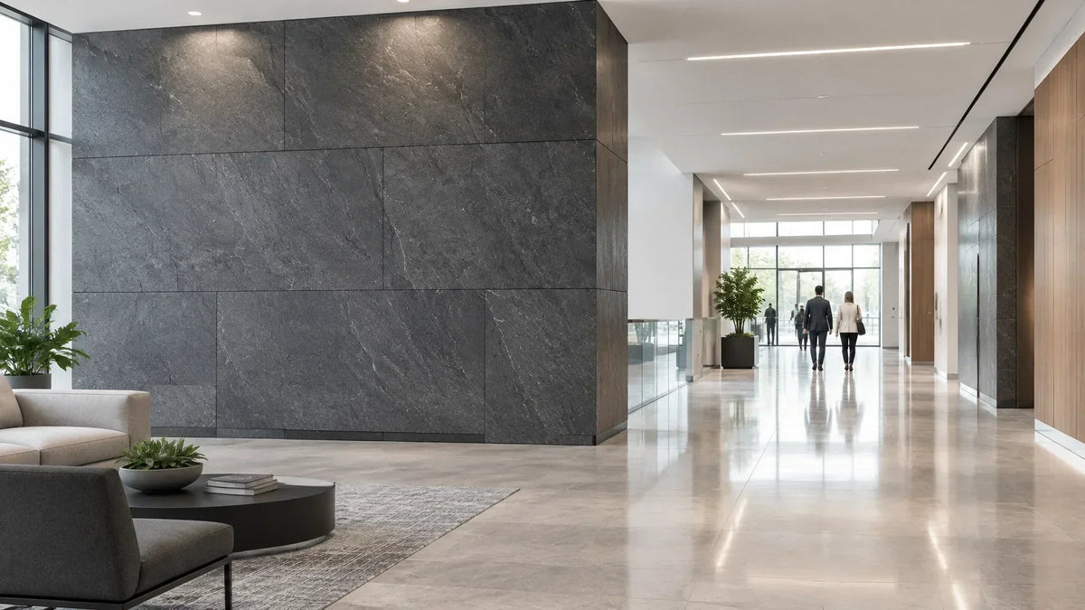 Dark grey thin-profile stone wall with warm gold-toned surface variation