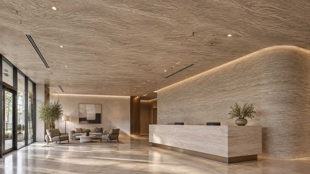 Commercial reception interior with a thin-profile stone-finish ceiling continuing across a curved soffit
