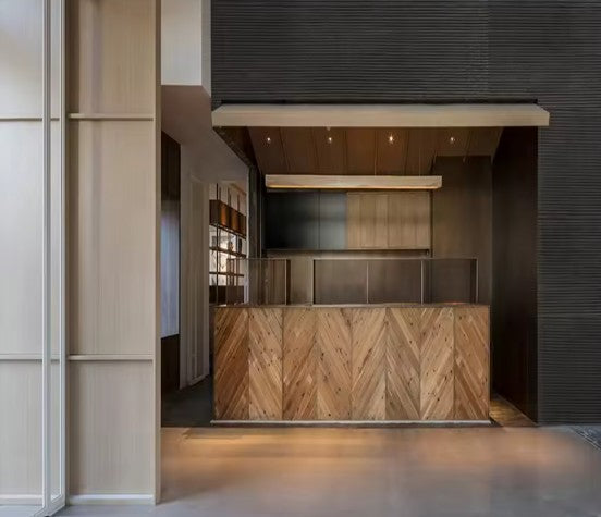Modern interior design with cut in slat 3d pr ancient wood paneling flexible natural stone  and ceiling lights with dark grey 3d pr square line flexible natural stone .
