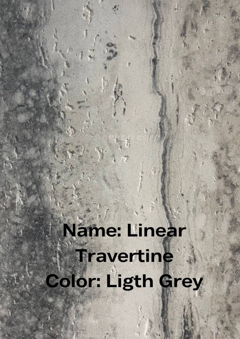 Light gray flexible stone texture with 'Linear Travertine' name and color description.