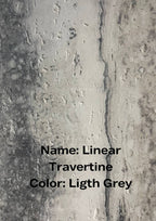 Light gray flexible stone texture with 'Linear Travertine' name and color description.