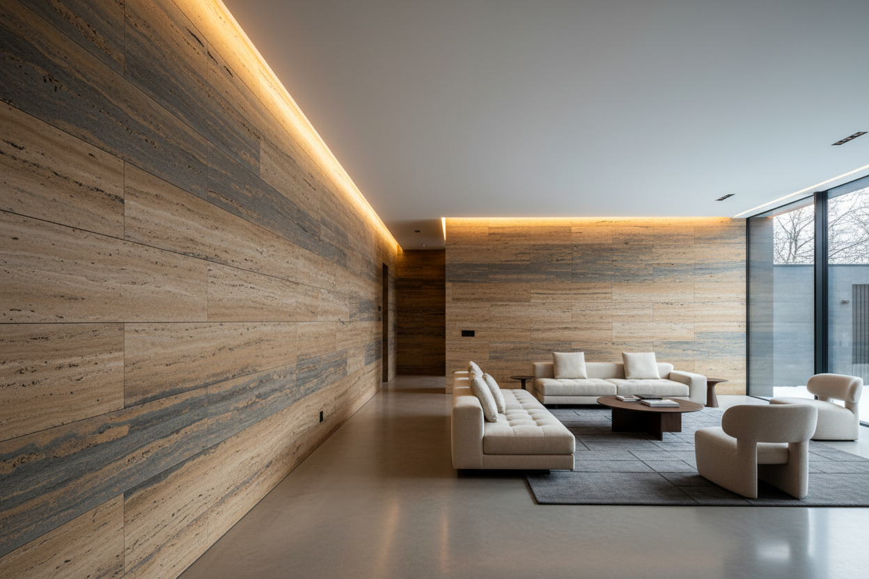 Modern living room with flexible stone walls and a neutral color palette