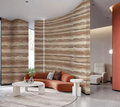 Modern living room with a brown sofa, white coffee table, and FLEXIBLE STONE WALL. 