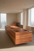 flexible stone wrapped on table with multiple holes and recesses in an indoor setting 