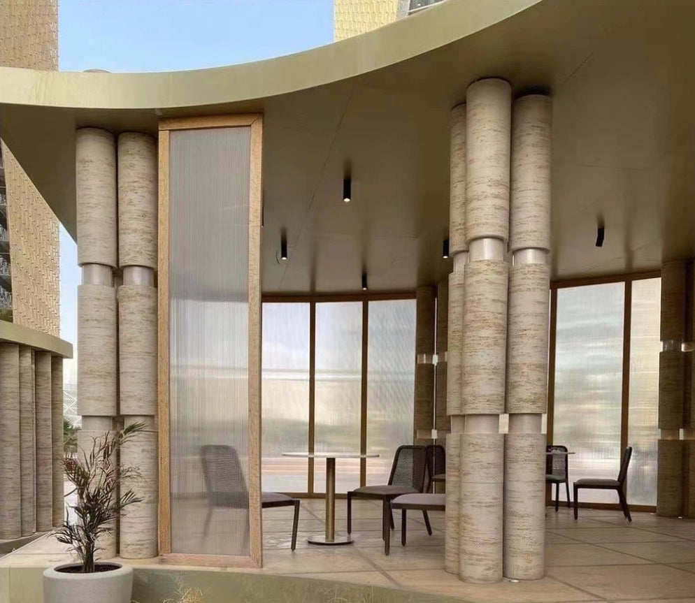 RS Travertine Regenerated flexible Natural travertine stone sheet ultra-thin flexible wall panel, fire rated wrap on round column pilar for commercial complex.
